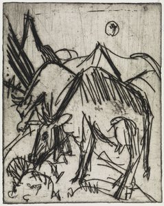 Cows Grazing in the Moonlight/Two Boys Playing with a Cat