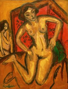 Kneeling Nude Girl in Front of Red Screen