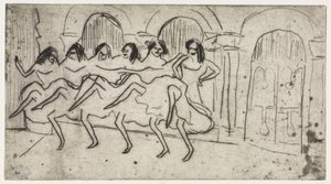 Reclining Lotte on Cushions / Six Dancers in Front of Arch Decoration - English Ensemble by Ernst Ludwig Kirchner