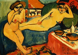 Two Nudes on a Blue Sofa