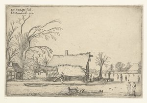 Farm by Frozen River with Skaters (Horizontal Landscapes)