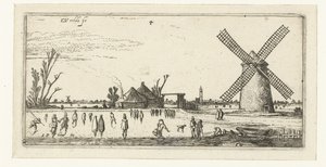 Skaters on the Ice Near a Mill in the Vicinity of Penningsveer, Landscapes (series title) by Esaias van de Velde