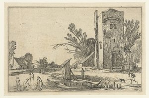 Square Tower by a Frozen River with Colf Players (series title: Horizontal Landscapes) by Esaias van de Velde