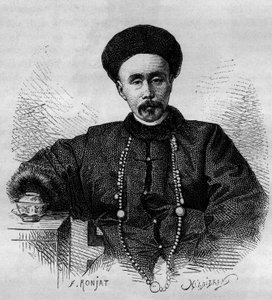 Portrait of Li Hongzhang (1832-1901), Chinese general and viceroy of Zhili from 1871 to 1895 and from 1900 to 1901. Engraving from a drawing by Ronjat, from a photograph by Thomson, in Le Tour du Monde, Nouveau journal des Voyages, edited by Edouard Charto by Etienne Antoine Eugene Ronjat