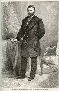 Portrait of Ulysses Grant (1822-1885), American general, leader of Union troops during the Secession War and 18th President of the United States for two terms from 1869 to 1877. Engraving after the drawing of E. Ronjat, to illustrate the story by Etienne Antoine Eugene Ronjat