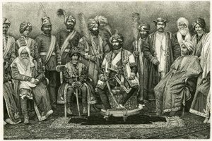 The Kashmir maharajah, Rambhir Sing and his court. Engraving by E. Ronjat, to illustrate the story 