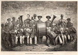 The band of the children of the Gabon mission. Engraving after the drawing of E.Ronjat, to illustrate the cruise on the coast of Africa, by Vice Admiral Fleuriot de Langle, in 1868, published in Le tour du monde 1876, edited by Edouard Charton by Etienne Antoine Eugene Ronjat