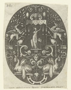 Bellona under a canopy (Ovals with gods, surrounded by grotesques series) by Etienne Delaune