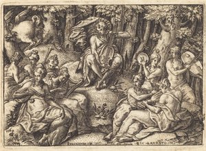 Apollo on Mount Parnassus by Etienne Delaune after Niccolò dell