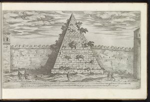 Pyramid of Cestius in Rome (series title: Buildings from Antiquity) (series title on object: The Remains of Ancient Rome Collected and Depicted in Perspective by Stefano Du Perac Parisino)