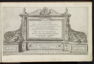 Title Print with a Monument Flanked by Fame and Father Time (Bouwwerken uit de oudheid)