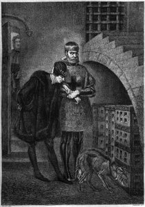 King Louis XI of France (1423-1483) visiting the prisoner Jean de La Balue (Cardinal Balue) (1421-1491), enclosed in an iron cage. Engraving by Bocour after the painting by Gerome
