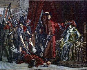 One hundred years war: The dolphin Charles (then Charles V) (1338-1380) (the first dolphin of France) and Etienne Marcel (1302/1310-1358) who murdered two ministers (marechaux) Robert de Clermont and Jean de Conflans in the room of the French dolphin by Etienne Lucien Melingue