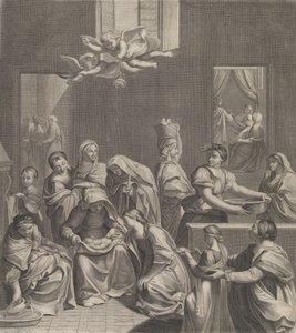 The Birth of the Virgin, Woman Seated with an Infant in Her Lap, Numerous Women Surrounding by Etienne Picart