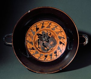 Etruscan antiquity: terracotta cup representing the fight between Heracles and the marine monster Triton. From Tarquinia by Etruscan