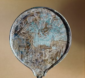 Etruscan Art: Mirror Back in Bronze: Aphrodite Persuades Helen to Follow Paris to Troy. 5th Century BC. Rome, Museo Nazionale di Villa Giulia by Etruscan