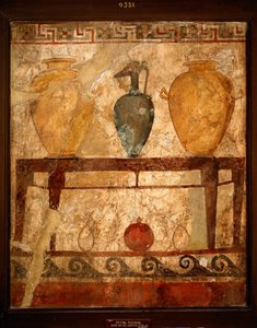 Etruscan art: table with vases with offerings. Fresco from the cemetery of Paestum. 4th century BC. Museo Archeologico Nazionale, Naples, Italy