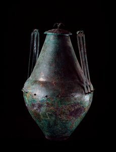 Etruscan civilization: biconical bronze vase with double handle and lid from the tomb of the bronze tank in Vulci, 680-670 BC by Etruscan