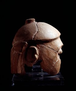 Etruscan civilization: casquee head in terracotta of the Antenanti group from Murlo, Poggio Civitate, Italy - 580-570 BC by Etruscan