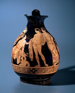 Etruscan Civilization: Terracotta Oenochoe Decorated by the Workshop of the Painter of Alcesti Representing a Young Man Sitting Talking with Two Other People Standing, 360-340 BC from Tarquinia, Italy by Etruscan