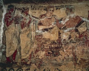 Fresco Depicting Funerary Banquet of Velthur Velcha with Wife Ravnthu Aprthnei Entertained by Two Musicians by Etruscan