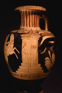 Hydria by the Painter of the Biga Vaticana, showing detail of the aedicule with painter at work by Etruscan