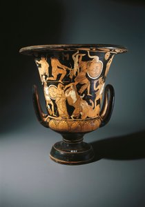 Red-figure pottery, calyx krater depicting Neoptolemus, Astyanax, Helen of Troy and Priamo on ground