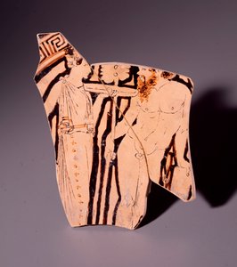 Terracotta fragment of kylix representing a maenad and a satyr, 350 BC