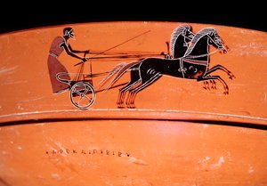 Terracotta vase (detail) representing a chariot drawn by two horses, 4th century BC