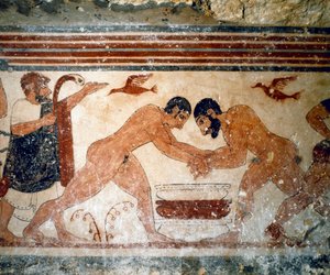 Two wrestlers. (Detail of fresco, 530 BC)