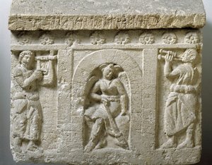 Etruscan Art: The Lasa, Genie of Death at the Entrance of Hell. Low Relief of an Urn of Chiusi. 3rd or 2nd Century BC. Palermo, Museo Archeologico Nazionale
