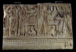 Etruscan antiquity: Plaque of funerary cippe. Exhibition of the deceased on her funeral bed. Paris, Musee Du Louvre by Etruscan Etruscan