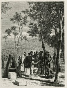 Dr. Harmand proceeds with anthropological measurements on the indigenous Khas (Engraving by Eugene Burnand) by Eugene Burnand