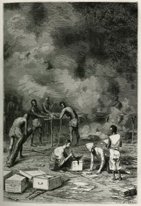 The drying of herbarium plants, on large bamboo clays, before the doctor classifies them and stores them in his crates, engraving by Eugene Burnand, to illustrate the story of Laos and the wild populations of Indochina by Doctor Harmand, in 1877, published by Eugene Burnand
