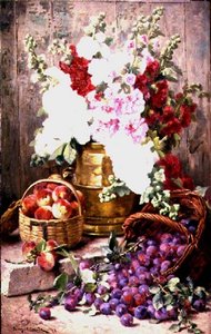 Still life with flowers in a brass urn and fruit in baskets