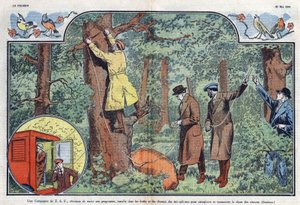 A T.S.F. company installs microphones in the forests and fields to record and transmit the song of birds. Illustration of Damblans in Le Pelerin of 21 May 1933. by Eugene Damblans
