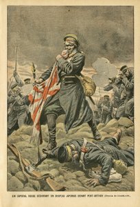 Illustration of Eugene Damblans (1865-1945) in Le Pelerin, 01/01/05 - A Russian corporal tearing a Japanese flag in front of Port Arthur by Eugene Damblans