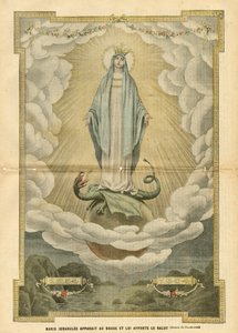 Illustration of Eugene Damblans in Le Pelerin, 04/12/04 - Mary immaculee appears to the world and brings salvation to it - Religion Faith, Catholic Catholicism - Immaculee conception - Mary, Dragon - Clouds - Earth by Eugene Damblans