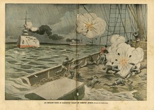 Illustration of Eugene Damblans (1865-1945) in Le Pelerin, 28/02/04 - The Russian cruisers of Vladivostok sink a Japanese transport by Eugene Damblans