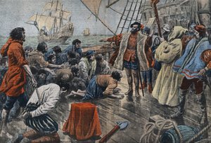 Illustration of the crew of Ferdinand Magellan swearing their allegiance to him on a cross following an unsuccessful mutiny. Ferdinand Magellan (1480-1521), Portuguese navigator, soothes a sedition of his crew and after forgiving them makes them swear loya by Eugene Damblans