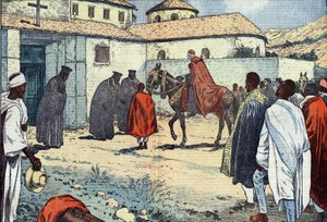 Monsignor Lepicier of the Order of the Servites of Mary, Archbishop of Tarsus, Received at the Coptic Monastery of Debre-Bizen. Illustration of Damblans. In Le Pelerin of August 21 by Eugene Damblans