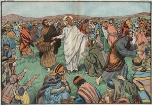 The Multiplication of Loaves: Jesus Christ Satisfies the Population by Multiplying Five Loaves and Two Fish. Illustration of Damblans. In Le Pelerin of March 18 by Eugene Damblans