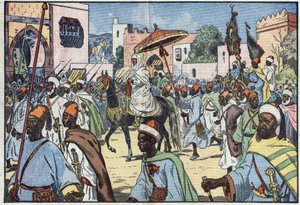 The new sultan of Morocco, Moulay Mohammed, makes his entry into the city of Rabat. Illustration of Damblans. In Le Pelerin of December 4 by Eugene Damblans