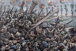 War 1914-1918. Front of Belgium 1914. German soldiers on the Yser. Drawing by Damblans. by Eugene Damblans