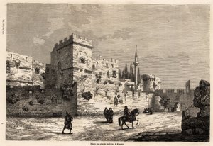 The palace of the great masters in Rhodes, drawing by Eugene Flandin, to illustrate his journey to the island of Rhodes in 1844. Engraving in Le tour du monde, edited by Edouard Charton