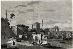 The view of the port of Rhodes and the gate of Aubusson, drawing by Eugene Flandin, to illustrate his journey to the island of Rhodes in 1844. Engraving in “Le tour du monde”, edited by Edouard Charton