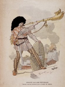 Gallic soldier sounding from the horn of war (carnyx) - in “Illustrous Teaching Cahiers, War Costumes of the Bronze Age and the Gaulish Age”, ed Grasset by Eugene Grasset