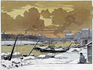 Le pont de Sully, in Paris covered snow, one evening of January 1886 - by Grasset by Eugene Grasset