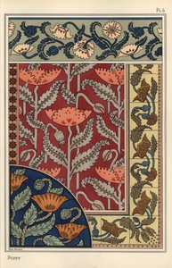 The Poppy, Papaver somniferum, in Stained Glass, Wallpaper, Fabric and Tile Patterns. Lithograph by Marc Mangin by Eugene Grasset