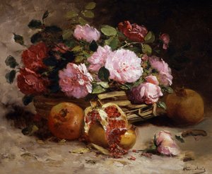 Still Life of Pink Roses and Pomegranates by Eugene Henri Cauchois